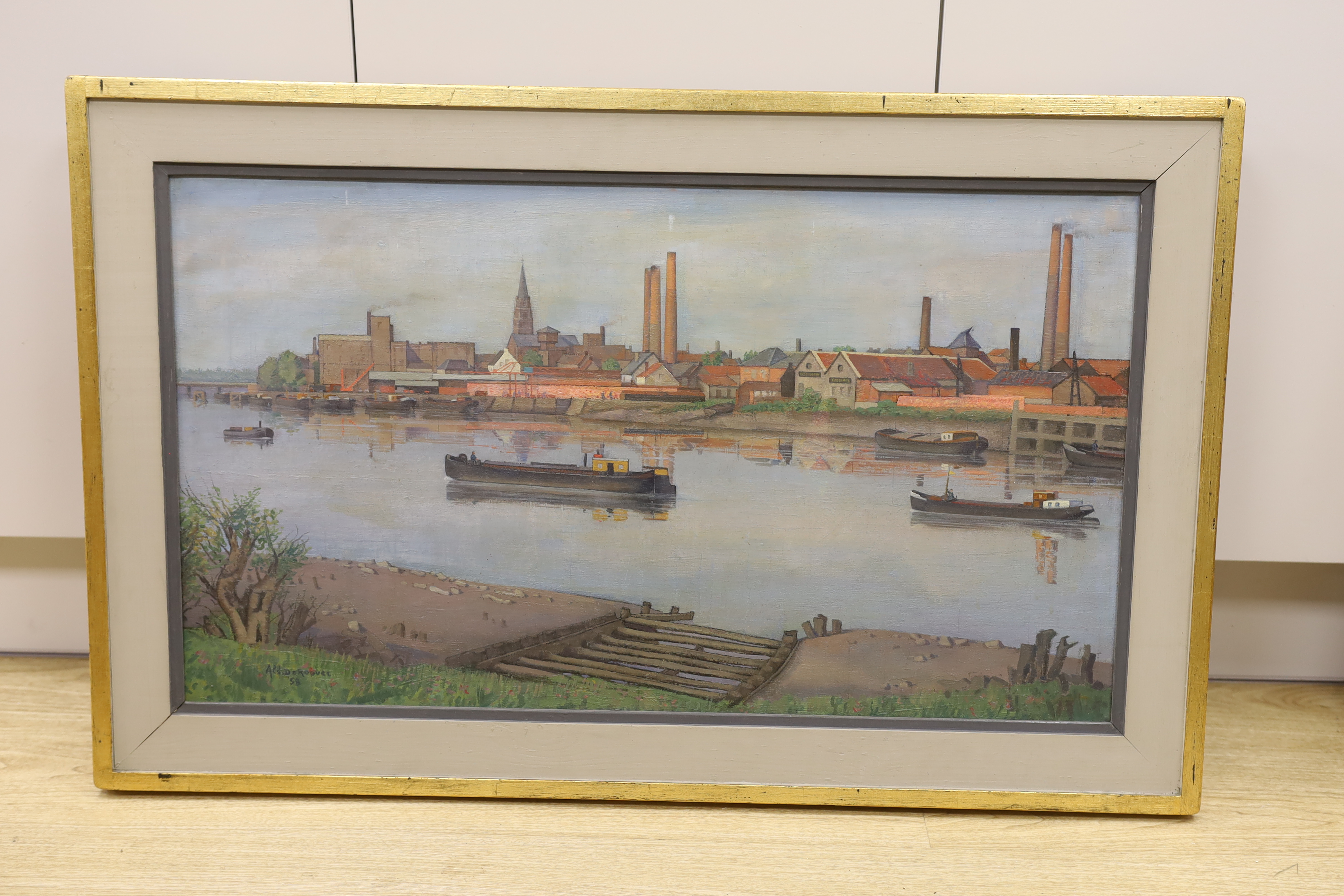 Albert De Roover (Belgian, 1892-1978), oil on canvas, Belgian harbour scene, signed and dated '58, 45 x 79cm